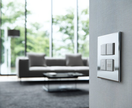 Partial close-up of living room wall switches and sockets with bright lighting, floor-to-ceiling glass windows and gray carpet, simple stylish coffee table and sofa in background