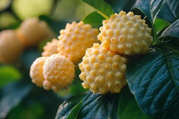 Noni fruit exotic tropical plant cluster of ripe fruits with green leaves natural food supplement herbal background organic fresh nature