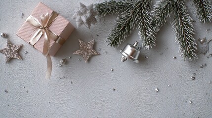 Minimalist Christmas Border: Blush Pink Gift Box (Gold Ribbon), Silver Bells/Tree/Stars, Fresh Pines, Light Gray Matte Background, Elegant Vibe
