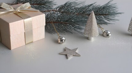 Minimalist Christmas Border: Blush Pink Gift Box (Gold Ribbon), Silver Bells/Tree/Stars, Fresh Pines, Light Gray Matte Background, Elegant Vibe