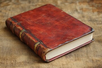 Vintage leather notebook closed lying on rustic wooden surface textured brown cover retro style antique diary stationery old fashioned object