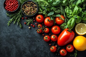 Fresh organic vegetables herbs fruits tomatoes peppers basil rosemary lemon orange displayed on dark stone table with colorful natural healthy arrangement