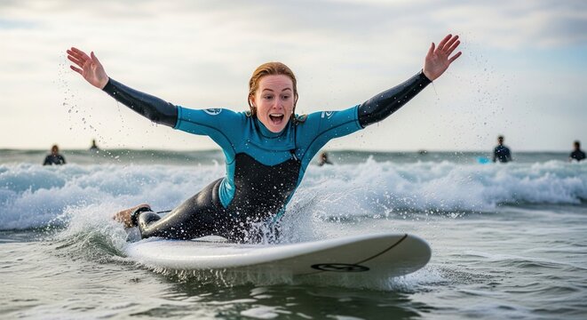 Excited female surfer in a wetsuit having fun catching a wave during her first surf lesson