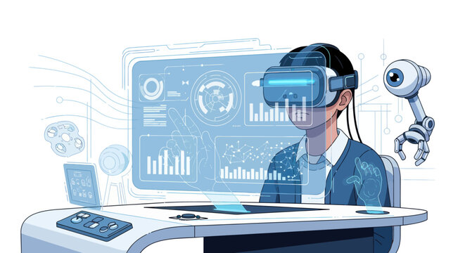 Man in VR Headset Interacting with Futuristic Virtual Reality Interface and Robotic Arm.