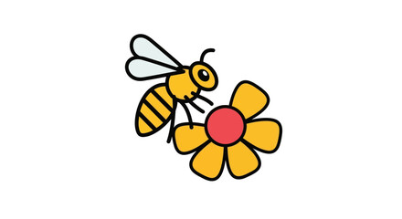 Adorable cartoon bee collecting nectar from a vibrant yellow flower. © Rizal