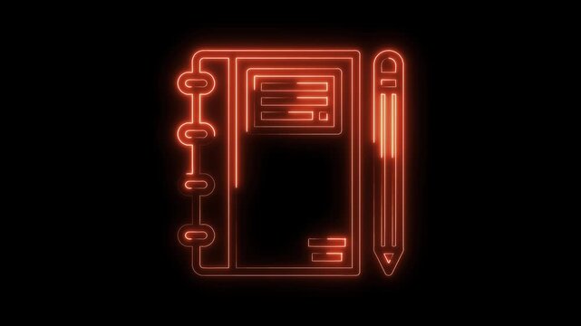 Neon notebook and pencil outline animation on black background for design elements