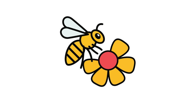 Adorable cartoon bee collecting nectar from a vibrant yellow flower.