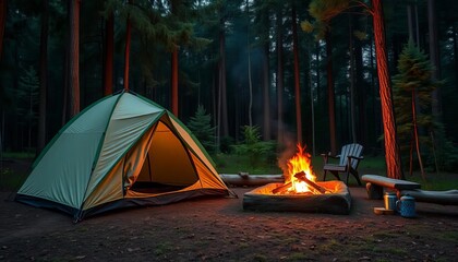 Cozy campsite scene with tent, campfire, and forest backdrop, dark, tent
