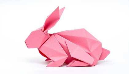Folded origami paper rabbit, white background, close-up , miniature, instruction