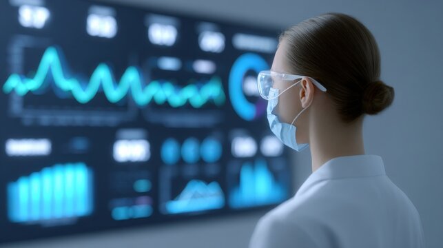 A woman wearing a mask and goggles is looking at a computer screen with graphs
