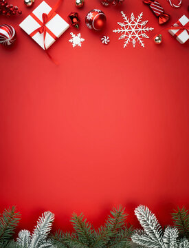 Vertical red Christmas frame empty copy space. Holiday composition top view banner. Decorated blank. Festive wallpaper.