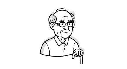 Fototapeta premium Elderly Man with Glasses and Cane Cartoon Portrait.