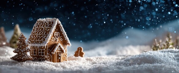 The enchanting gingerbread house surrounded by snowflakes and festive charm.