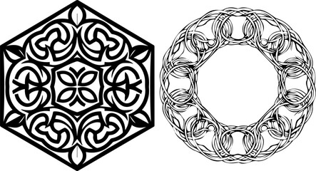 Intricate Black and White Hexagonal Ornament with Floral and Swirl Designs.