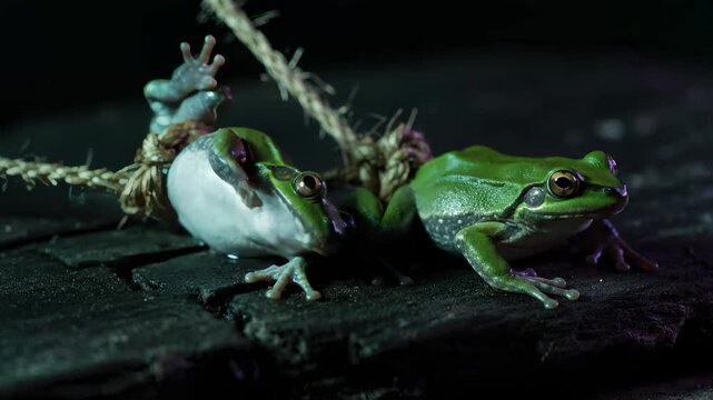 Green Tree Frogs Resting on a Rock in a Dark Environment