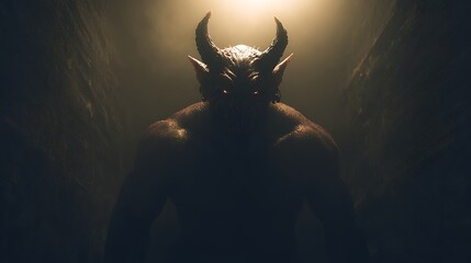 a demon standing in deep shadows glowing eyes glowing aura forbidding and scary