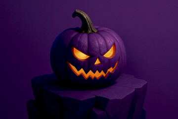 Purple Jack-O’-Lantern on Rock Pedestal — Glowing 3D Halloween Background