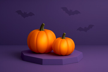 Minimal Halloween Pumpkins on Purple Podium with Bat Shadows