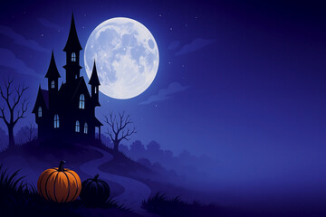 Haunted House and Pumpkins under Full Moon, Blue Foggy Night, Wide Banner with Copy Space