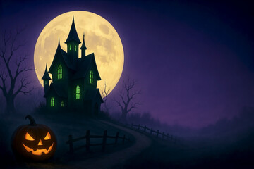 Haunted House on Hill with Full Moon and Jack-o’-Lantern, Purple Foggy Night, Copy Space