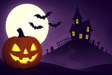 Halloween Night with Jack-o’-Lantern, Haunted House, Full Moon and Bats