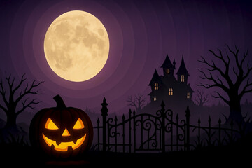 Glowing Jack-o’-Lantern, Haunted House and Wrought Iron Gate under Full Moon, Purple Foggy Night