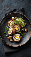 A gourmet dish featuring delicious stuffed meat rolls on a plate, artfully presented and ready to be savored. The dish is beautifully plated and garnished, perfect for a culinary creation.