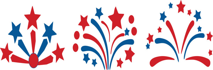 Red and blue star fireworks burst design symbolizing celebration, patriotism, festivity, and joyful holiday party background illustration