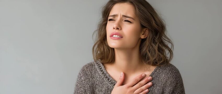 Young woman with her eyes closed, displaying signs of a heart attack or excruciating chest pain, stress, emergency