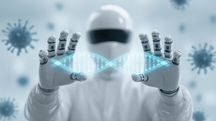 A robot is holding a DNA strand in its hands