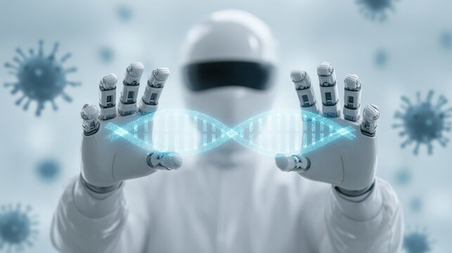A robot is holding a DNA strand in its hands