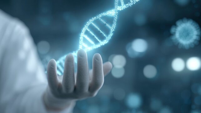 A person is holding a DNA strand in a lab coat