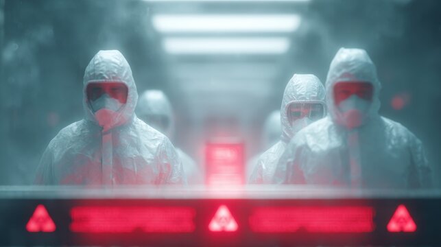 A group of people in hazmat suits are standing in front of a red sign - Powered by Adobe