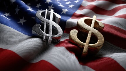 Two dollar signs on a red, white and blue American flag