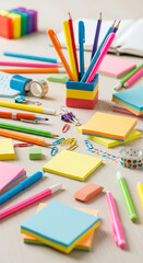 Overhead shot of a variety of colorful stationery items arranged on a light surface, including pens, pencils, sticky notes, tape, and erasers, creating a vibrant and organized workspace for creative t