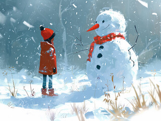 A little girl and a snowman have a winter conversation