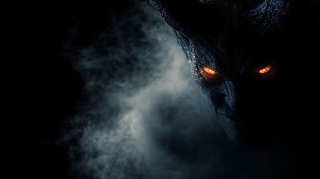 menacing demon figure emerging from darkness with glowing eyes and sinister presence