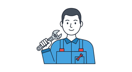 Smiling Mechanic Holding Adjustable Wrench Blue Overalls.