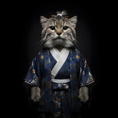 Pallas's cat in a traditional Japanese kimono. Portrait against a dark background. Hyperrealistic illustration.