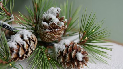 Christmas Corner with Fresh Pine Branches: Detailed Needles, Frosted/Natural Pine Cones, Warm Fairy Lights, Soft Mint Green Matte Background