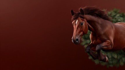 Fototapeta premium Brown horse jumps gracefully with greenery against a warm backdrop during the holiday season