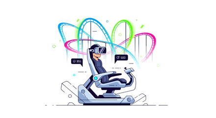 Person experiencing virtual reality in a futuristic simulation chair with colorful energy streams.