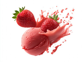 One and half strawberries floating with strawberry sorbet scoop in mid-air, gravity effect with no background, levitating fresh fruit and frozen dessert, dynamic food photography concept