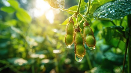 Obraz premium Close up of green soybean pods with water drops glimmering in sunlight