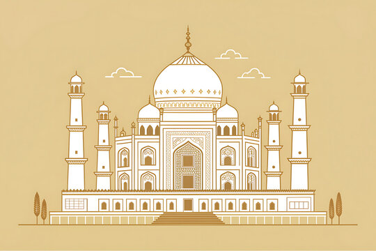 Flat geometric illustration of Sree Padmanabhaswamy Temple, muted gold and white, vector minimalism.