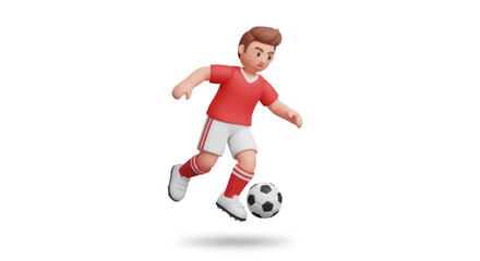Obraz premium Cartoon 3D male soccer player in red uniform dribbling a ball.
