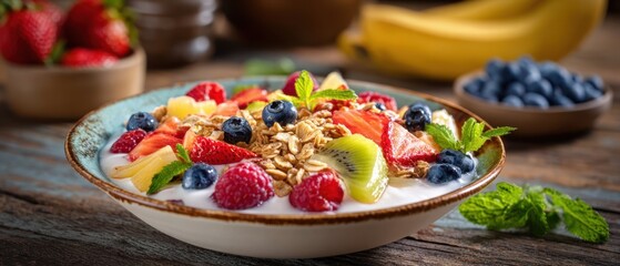 Fototapeta premium The Yogurt Bowl with Fresh Fruit and Crunchy Granola on Wooden Table