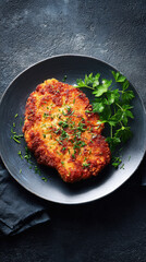 Delicious, golden-brown fried schnitzel served on a dark plate, garnished with fresh parsley