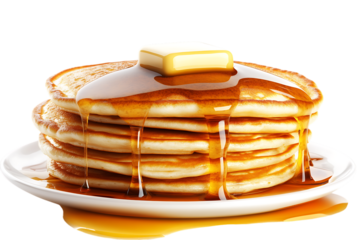 Delicious stack of golden pancakes with butter and maple syrup