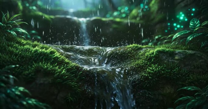 Gentle Waterfall Cascading Over Moss-Covered Rocks in a Lush Green Forest, Captured from a Serene Low Angle Perspective
